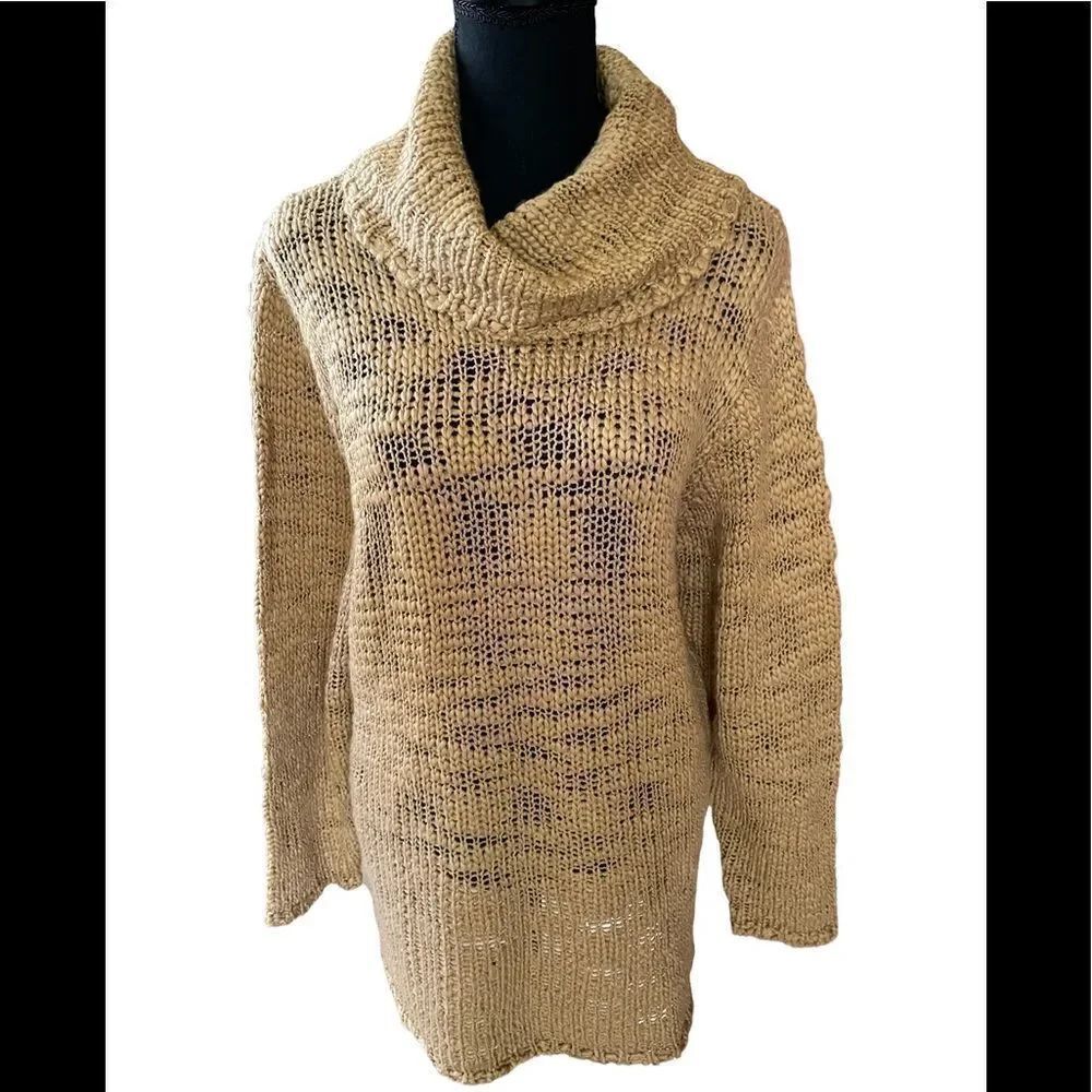 White Stag Woman tan loose knit cowl neck tunic sweater